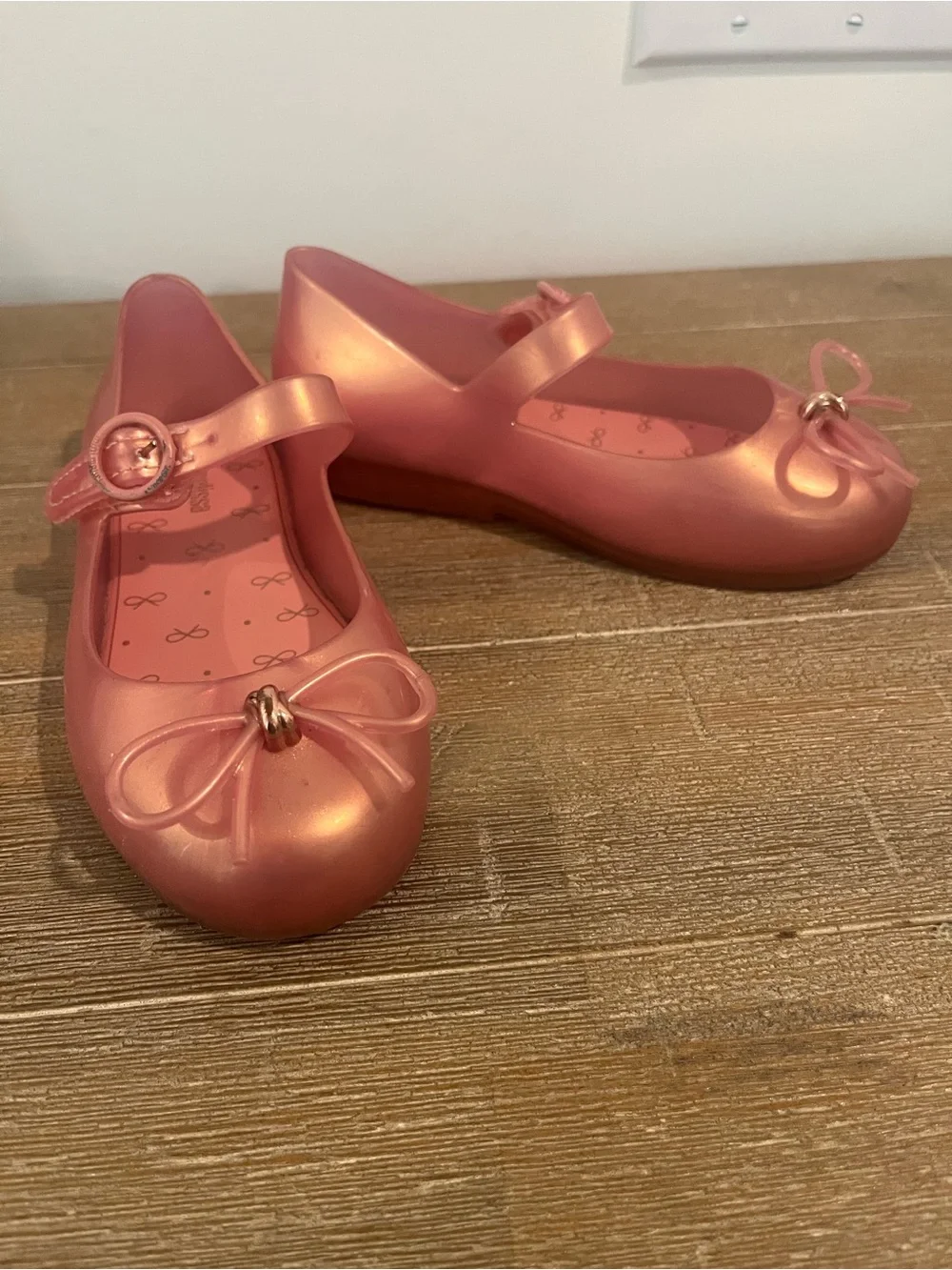Mini Melissa Metallic Coral Pink Mary Jane Flats with Bow